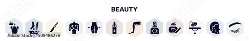 beauty filled icons set. glyph icons such as hair transplant, soak, scalpel, mastopexy, gluteus, nail, thigh, cologne, operating table icon.