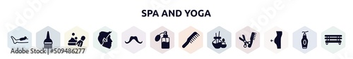 spa and yoga filled icons set. glyph icons such as waxing, brush tool, shaving foam, short male hair shape, mustache shape, perfume, hairdressing, aromatherapy, liposuction icon.