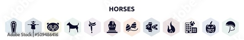 horses filled icons set. glyph icons such as coffin, scarecrow, panda face, plain dog, horse saddle, tombstone, gummy, fish, hotel building icon.
