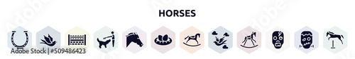 horses filled icons set. glyph icons such as horseshoe, black bird, fence for horses jumps, man combing a dog, horse head, nest with eggs, rocker horse, bird flying between clouds, zombie