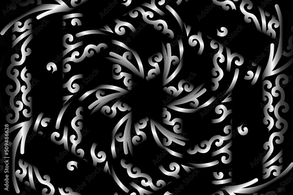 Black and white caleidoscope gradient flower art pattern of indonesian culture traditional tenun batik ethnic dayak ornament for wallpaper ads background Black and white caleidoscope gradient flower art pattern of indonesian culture traditional tenun batik ethnic dayak ornament for wallpaper ads background
