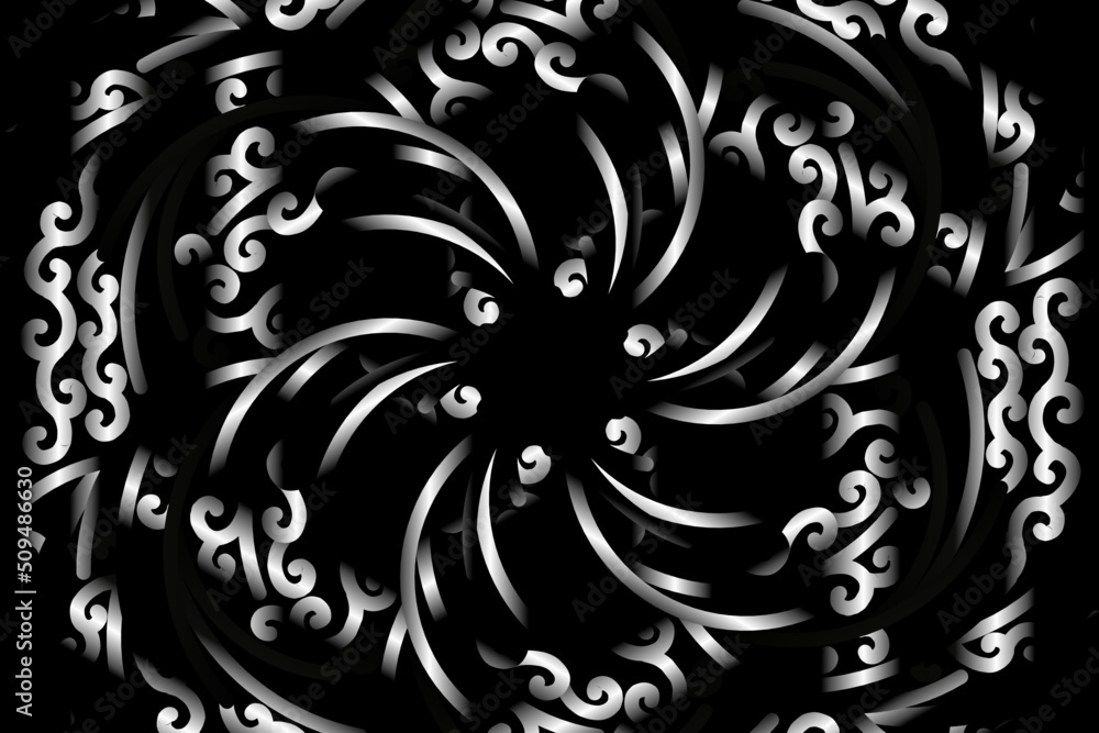 Black and white caleidoscope gradient flower art pattern of indonesian culture traditional tenun batik ethnic dayak ornament for wallpaper ads background Black and white caleidoscope gradient flower art pattern of indonesian culture traditional tenun batik ethnic dayak ornament for wallpaper ads background