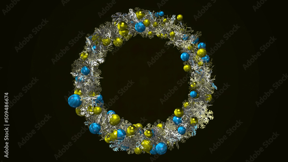 Abstract beautiful Christmas wreath consisting of white shimmering snowflakes and decorated by multicolored shiny balls of different sizes. Animation. Amazing Christmas animated background