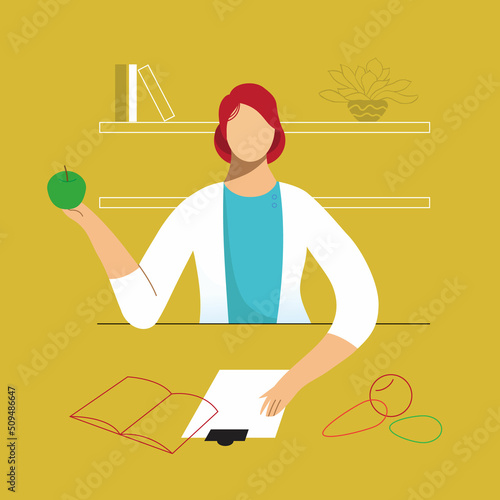 Nutritionist, dietitian woman at the office, hold apple in the hand. Vector flat illustration