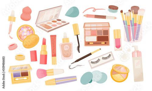 Woman cosmetic products. Beauty set of cosmetics, vector icon set. Mascara, lipstick, eye shadows, brush, concealer, lip gloss, sponge. 