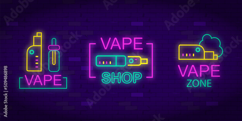 Vape shop neon sign collection vector. Vaping Store Logos set Emblem Neon, Its Vape Shop Concept,. Trendy designer elements for advertising. Vector EPS