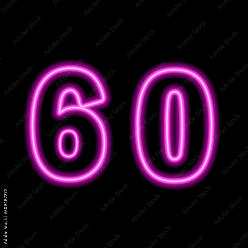 Neon pink number 60 on black background. Serial number, price, place Neon pink number 60 on black background. Serial number, price, place