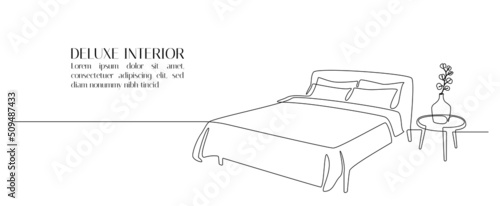 Continuous one line drawing of double bed and table with potted plant. Scandinavian stylish furniture for cozy sleeping bedroom in simple linear style. Editable stroke. Doodle vector illustration