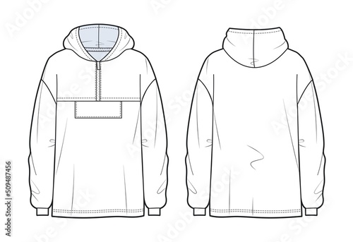 Men's Hoodie fashion flat technical sketch template. Boys zip front Sweatshirt Hoodie fashion cad mockup.