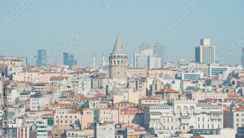 Panorama of old town with modern high-rises on sunny day. Action. Beautiful old town contrasts on background with modern high-rises. Modern city of Turkey on sunny day