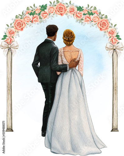 Watercolor wedding couple embracing under wedding rose arch