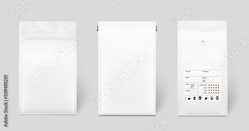 Realistic coffee bags mockup isolated on white background. Front view. Can be used on packaging, advertising, promo, etc. EPS10.	