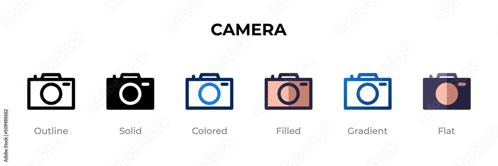 Camera icon in different style. Camera vector icons designed in outline, solid, colored, filled, gradient, and flat style. Symbol, logo illustration. Vector illustration Camera icon in different style. Camera vector icons designed in outline, solid, colored, filled, gradient, and flat style. Symbol, logo illustration. Vector illustration