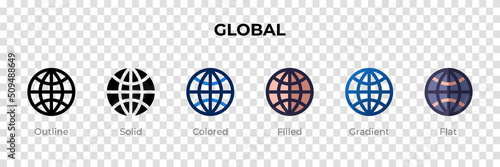 Global icon in different style. Global vector icons designed in outline, solid, colored, filled, gradient, and flat style. Symbol, logo illustration. Vector illustration