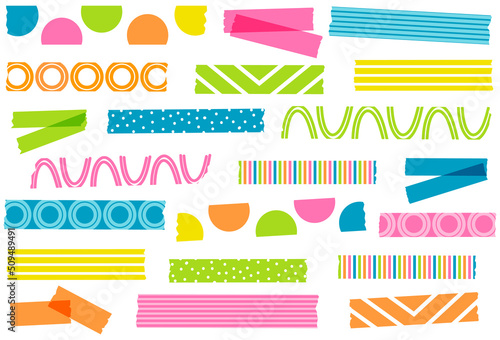 Summer fun washi tape collection. Semi-transparent masking tape or adhesive strips. EPS file has global colors for easy color changes.