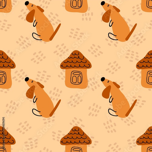 Hand drawn childish seamless pattern with puppy waiting home. Perfect for T-shirt, fabric, textile and print. Animalistic doodle vector illustration for decor and design.