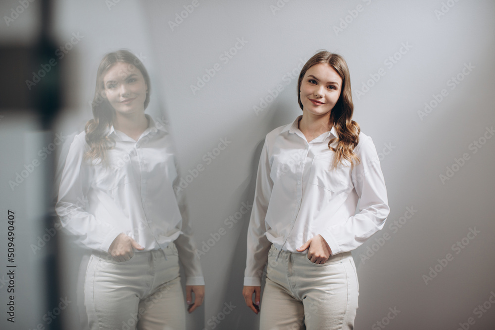 Portrait of smiling young woman in staircase Portrait of smiling young woman in staircase