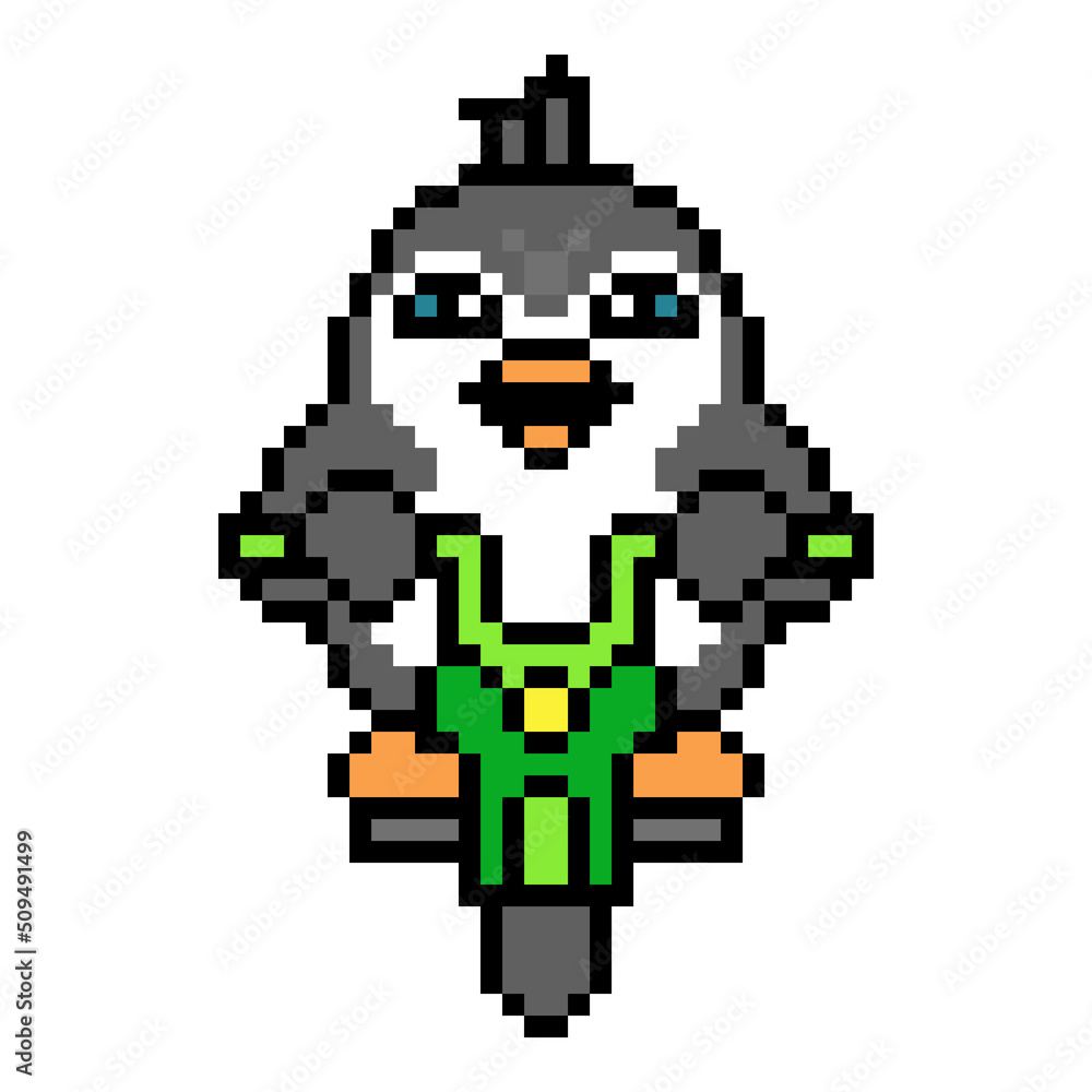 Penguin riding green scooter, pixel art animal character isolated on white background. Old school retro 80's-90's 8 bit slot machine, computer, video game graphics. Cartoon motorcycle delivery mascot. Penguin riding green scooter, pixel art animal character isolated on white background. Old school retro 80's-90's 8 bit slot machine, computer, video game graphics. Cartoon motorcycle delivery mascot.