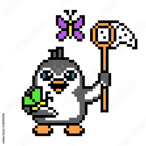 Penguin catching butterflies with a butterfly net, cute pixel art animal character isolated on white background. Old school retro 80s, 90s 8 bit slot machine, computer, video game graphics.