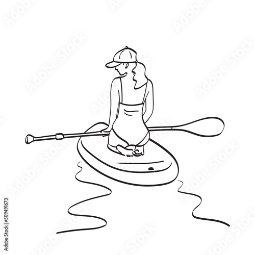 woman in swimsuit with cap sitting on SUP board and holding paddle illustration vector hand drawn isolated on white background line art.
