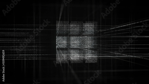 Computer projection of cube from laser lines. Animation. Laser projection of cube in cyberspace on black background. 3D projection of cube made of neon lines