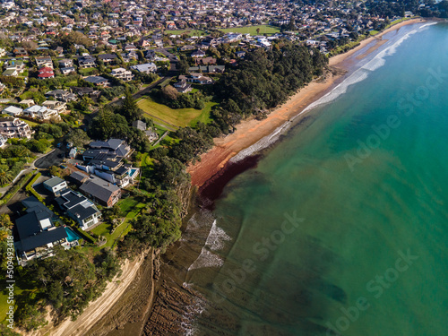 Aerial shots of beachfront property in Red Beach, New Zealand