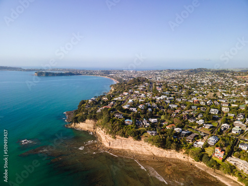 Aerial shots of beachfront property in Red Beach, New Zealand