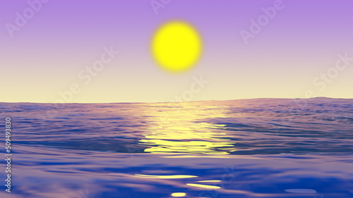 Fototapeta Naklejka Na Ścianę i Meble -  Ocean horizon at sunset. Seascape, 3d rendering. Realistic sea waves, tropical background.