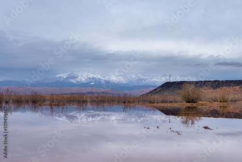 Landscape with lake and snowy mountains