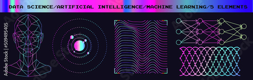 Set of images in sci-fi futuristic style. Concept illustrations for neural network and artificial intelligence subjects.