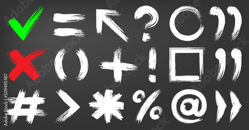 Punctuation check mark sign ink chalk flat set. Highlight text math study typography grunge font graffiti brush texture symbol multiply divide percentage exclamation question bracket arrow frame grid
