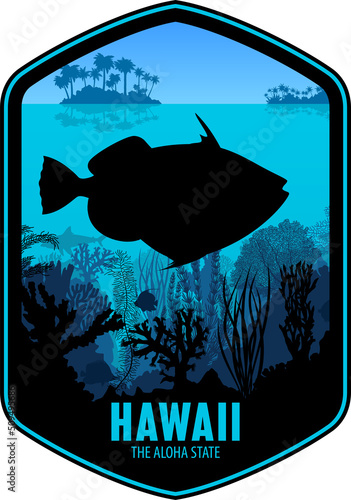 Hawaii vector label with Wedge-tail triggerfish photo