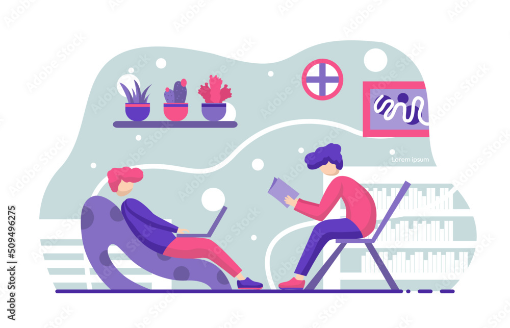 flat design illustration man working with laptop and books in office flat design illustration man working with laptop and books in office