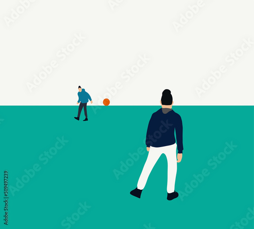 Young teenage boys playing soccer on urban street. Vector illustration. Children playing soccer outdoor