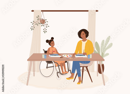 Happy Black Mother Painting Watercolour With Her Disabled Daughter At Home. Full Length. Character, Cartoon.