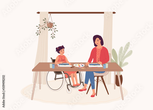 Happy Mother Painting Watercolour With Her Disabled Daughter At Home. Full Length. Character, Cartoon.