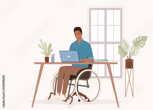 One Smiling Black Man In Wheelchair Working With His Laptop In Office. Full Length. Character, Cartoon.