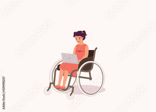 One Smiling Girl With Laptop Sitting In A Wheelchair. Full Length. Character, Cartoon.