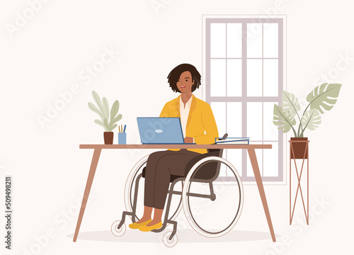One Smiling Black Woman In Wheelchair Working With Her Laptop In Office. Full Length. Character, Cartoon.