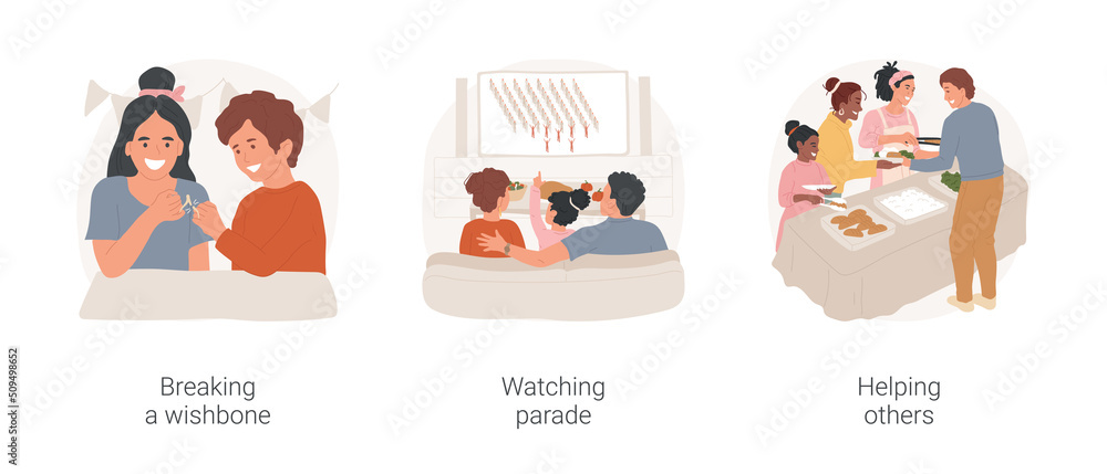 Thanksgiving traditions isolated cartoon vector illustration set. Breaking wishbone, Thanksgiving holiday tradition, family watching Macys parade on TV, helping others, serving food vector cartoon.