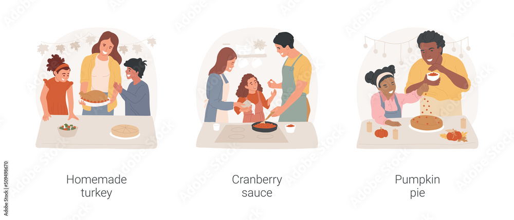 Thanksgiving traditional food isolated cartoon vector illustration set. Cooking homemade turkey, family members preparing cranberry sauce, baking pumpkin pie together, autumn feast vector cartoon. Thanksgiving traditional food isolated cartoon vector illustration set. Cooking homemade turkey, family members preparing cranberry sauce, baking pumpkin pie together, autumn feast vector cartoon.