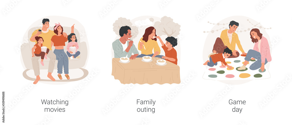 Family day isolated cartoon vector illustration set. Family sitting on sofa and watching movies, outing together, enjoying food in restaurant, playing twister game, having fun vector cartoon.