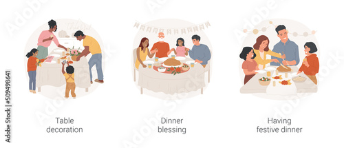 Family gathering isolated cartoon vector illustration set. Family decorate table for Thanksgiving Day celebration, festive dinner blessing, holding hands and praying at the table vector cartoon.