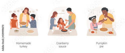 Thanksgiving traditional food isolated cartoon vector illustration set. Cooking homemade turkey, family members preparing cranberry sauce, baking pumpkin pie together, autumn feast vector cartoon.