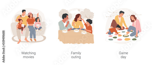 Family day isolated cartoon vector illustration set. Family sitting on sofa and watching movies, outing together, enjoying food in restaurant, playing twister game, having fun vector cartoon.