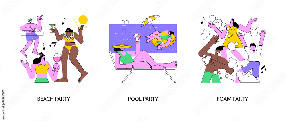 Summer event abstract concept vector illustration set. Beach party, swimming pool dance, foam party entertainment, swimming suits, bikini, dance floor, flamingo inflatable circle abstract metaphor.
