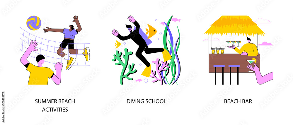 Summer resort abstract concept vector illustration set. Beach activities, surfing and diving school, beach bar, sea coast restaurant, water sport, scuba diver, tropical cocktail abstract metaphor.