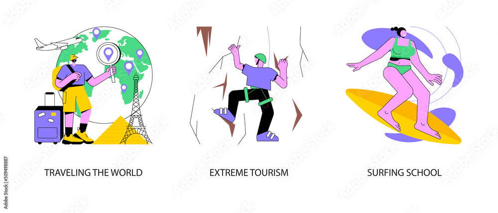 Holiday trip abstract concept vector illustration set. Traveling the world, extreme tourism, surfing school, hitchhiking, travel blog, foreign country destination, plane departure abstract metaphor.