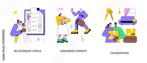 Romantic relationship abstract concept vector illustration set. Relationship status, unmarried parents, cohabitation and living together, engaged and got married, moving together abstract metaphor.