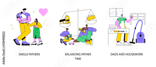 Fatherhood abstract concept vector illustration set. Single fathers, balancing father time, dads and housework, feeding baby, happy kid and family, chores at home, time together abstract metaphor.